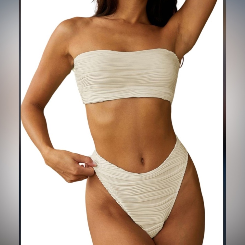 ~Strapless Wave Bandeau Bikini 2 Piece Swimwear Cheeky Solid Lace up~